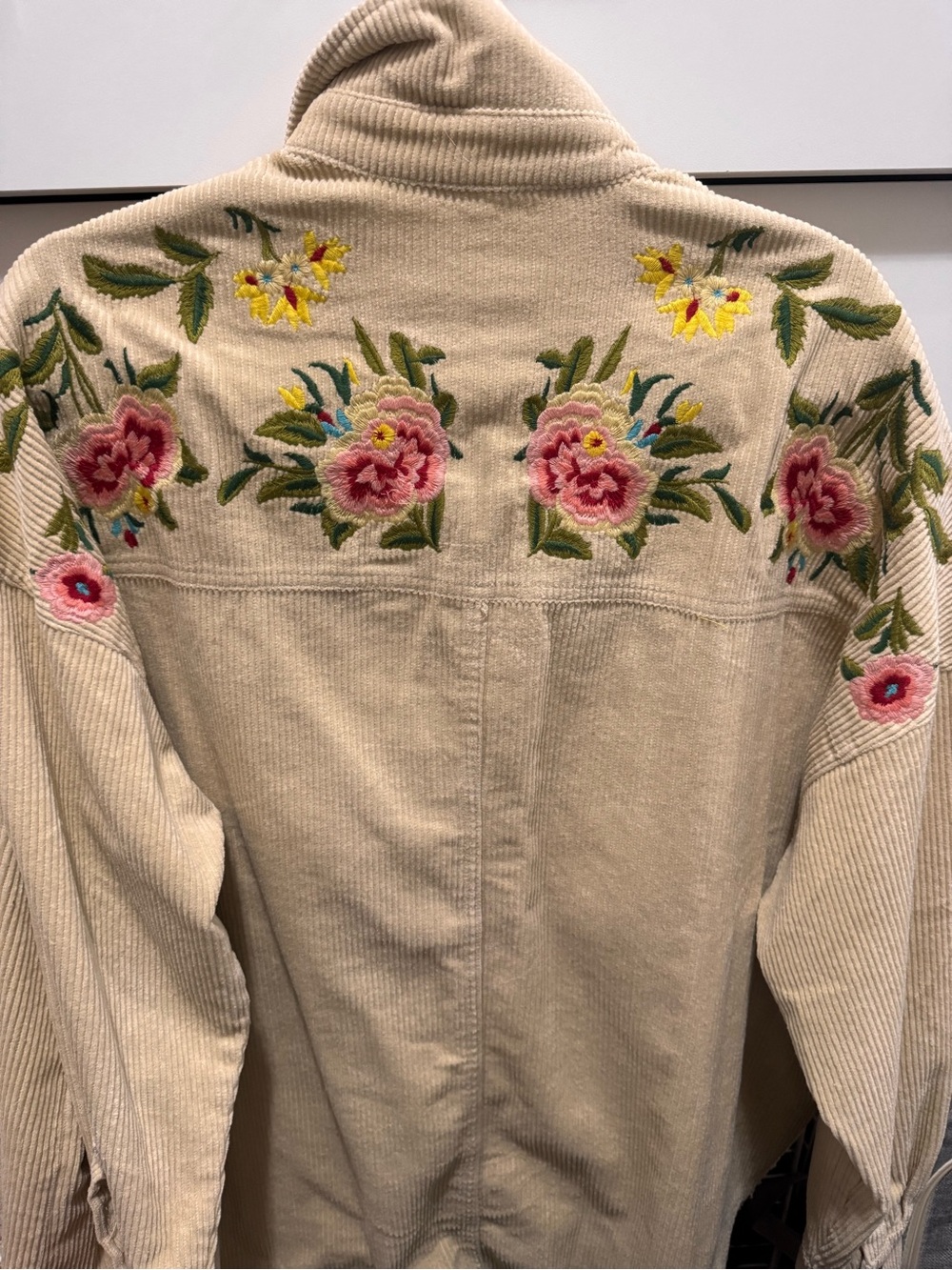 In Bloom Cream Corduroy Cardigan Jacket with Pink & Yellow Floral Embroidery